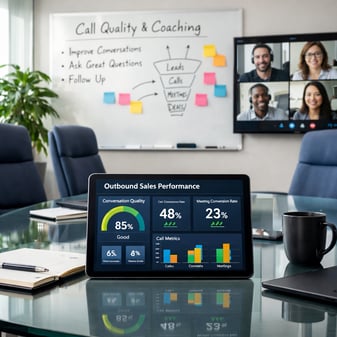 Bar chart illustrating key outbound call quality metrics, including conversation rate, meeting conversion rate, and talk-to-listen ratio.